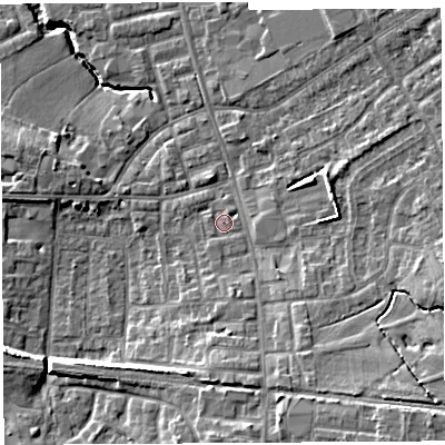 Shaded relief map of the ground around PR56TR, computed from Environment Agency LiDAR. The ground here sits at about 39 m above sea level and falls 13 m across the surrounding 800 m. Surface water reaching this point runs off ground lying to the south-south-east, 4.9 m higher.