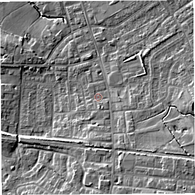 Shaded relief map of the ground around PR56TS, computed from Environment Agency LiDAR. The ground here sits at about 40 m above sea level and falls 13 m across the surrounding 800 m. Surface water reaching this point runs off ground lying to the south-east, 4.4 m higher.