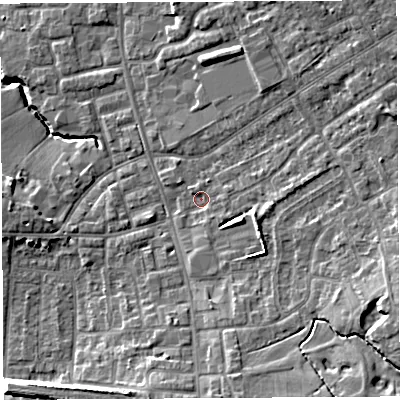 Shaded relief map of the ground around PR56TW, computed from Environment Agency LiDAR. The ground here sits at about 39 m above sea level and falls 13 m across the surrounding 800 m. Surface water reaching this point runs off ground lying to the east-north-east, 5.4 m higher.