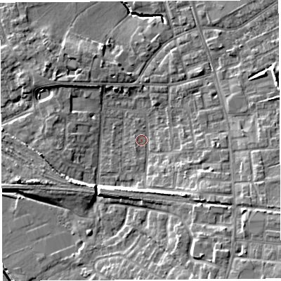 Shaded relief map of the ground around PR56UB, computed from Environment Agency LiDAR. The ground here sits at about 38 m above sea level and falls 12 m across the surrounding 800 m. Surface water reaching this point runs off ground lying to the south-east, 8.7 m higher.
