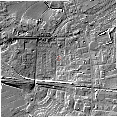 Shaded relief map of the ground around PR56UD, computed from Environment Agency LiDAR. The ground here sits at about 38 m above sea level and falls 12 m across the surrounding 800 m. Surface water reaching this point runs off ground lying to the south-east, 8.7 m higher.