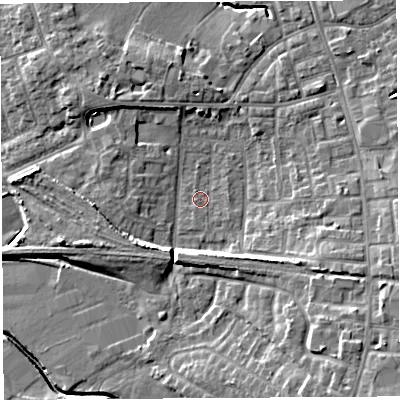Shaded relief map of the ground around PR56UE, computed from Environment Agency LiDAR. The ground here sits at about 38 m above sea level and falls 12 m across the surrounding 800 m. Surface water reaching this point runs off ground lying to the south-east, 8.2 m higher.