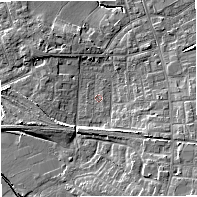 Shaded relief map of the ground around PR56UH, computed from Environment Agency LiDAR. The ground here sits at about 38 m above sea level and falls 12 m across the surrounding 800 m. Surface water reaching this point runs off ground lying to the south-east, 8.8 m higher.