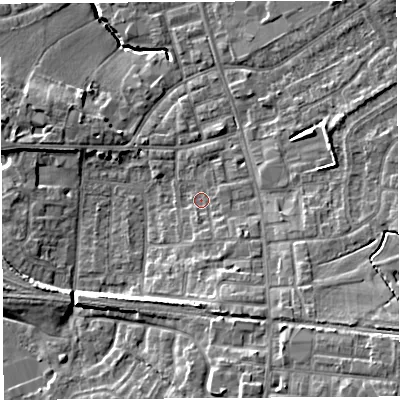 Shaded relief map of the ground around PR56UL, computed from Environment Agency LiDAR. The ground here sits at about 39 m above sea level and falls 12 m across the surrounding 800 m. Surface water reaching this point runs off ground lying to the south-east, 2.2 m higher.