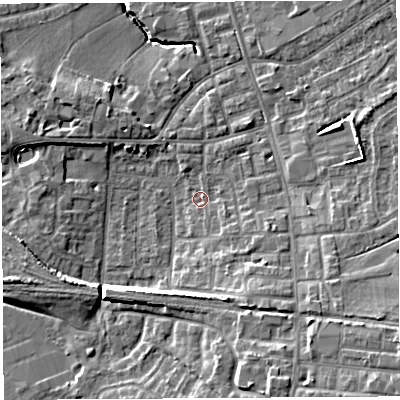 Shaded relief map of the ground around PR56UN, computed from Environment Agency LiDAR. The ground here sits at about 39 m above sea level and falls 12 m across the surrounding 800 m. Surface water reaching this point runs off ground lying to the south-east, 8.2 m higher.