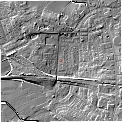 Shaded relief map of the ground around PR56UP, computed from Environment Agency LiDAR. The ground here sits at about 38 m above sea level and falls 12 m across the surrounding 800 m. Surface water reaching this point runs off ground lying to the south-east, 8.2 m higher.