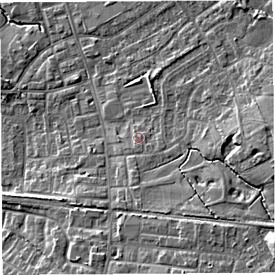 Shaded relief map of the ground around PR56WR, computed from Environment Agency LiDAR. The ground here sits at about 42 m above sea level and falls 15 m across the surrounding 800 m. Surface water reaching this point runs off ground lying to the south-east, 1.1 m higher.