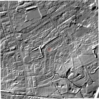 Shaded relief map of the ground around PR56WX, computed from Environment Agency LiDAR. The ground here sits at about 41 m above sea level and falls 19 m across the surrounding 800 m. Surface water reaching this point runs off ground lying to the east-south-east, 1.4 m higher.