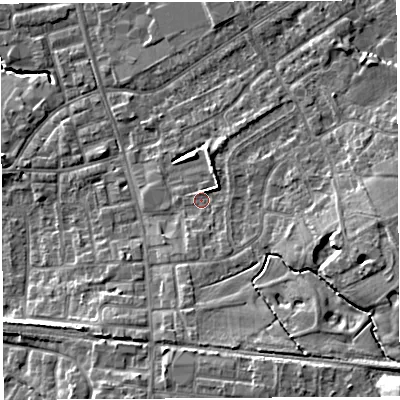 Shaded relief map of the ground around PR56WY, computed from Environment Agency LiDAR. The ground here sits at about 41 m above sea level and falls 16 m across the surrounding 800 m. Surface water reaching this point runs off ground lying to the east-south-east, 6.8 m higher.