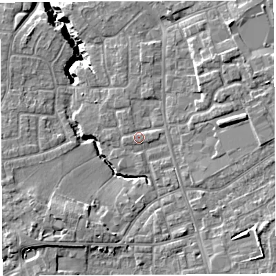 Shaded relief map of the ground around PR56XB, computed from Environment Agency LiDAR. The ground here sits at about 39 m above sea level and falls 16 m across the surrounding 800 m. Surface water reaching this point runs off ground lying to the south-east, 4.6 m higher.