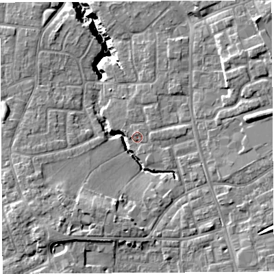 Shaded relief map of the ground around PR56XD, computed from Environment Agency LiDAR. The ground here sits at about 38 m above sea level and falls 16 m across the surrounding 800 m. Surface water reaching this point runs off ground lying to the east, 4.9 m higher.