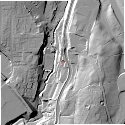 Shaded relief map of the ground around PR60QG, computed from Environment Agency LiDAR. The ground here sits at about 88 m above sea level and falls 40 m across the surrounding 800 m. Surface water reaching this point runs off ground lying to the north, 7.2 m higher.