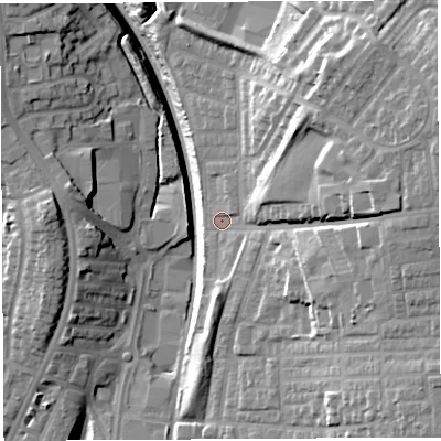 Shaded relief map of the ground around PR67AB, computed from Environment Agency LiDAR. The ground here sits at about 90 m above sea level and falls 29 m across the surrounding 800 m. Surface water reaching this point runs off ground lying to the east-north-east, 19.0 m higher.