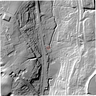 Shaded relief map of the ground around PR67AP, computed from Environment Agency LiDAR. The ground here sits at about 76 m above sea level and falls 41 m across the surrounding 800 m. Surface water reaching this point runs off ground lying to the north-west, 25.7 m higher.