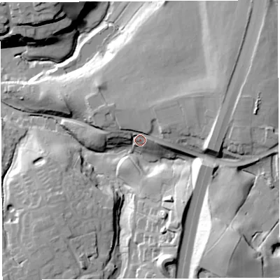 Shaded relief map of the ground around PR67DH, computed from Environment Agency LiDAR. The ground here sits at about 88 m above sea level and falls 47 m across the surrounding 800 m. Surface water reaching this point runs off ground lying to the east-north-east, 10.5 m higher.
