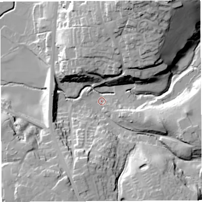 Shaded relief map of the ground around PR67DJ, computed from Environment Agency LiDAR. The ground here sits at about 71 m above sea level and falls 50 m across the surrounding 800 m. Surface water reaching this point runs off ground lying to the south-south-west, 26.5 m higher.