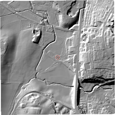 Shaded relief map of the ground around PR67DZ, computed from Environment Agency LiDAR. The ground here sits at about 66 m above sea level and falls 45 m across the surrounding 800 m. Surface water reaching this point runs off ground lying to the east, 9.7 m higher.