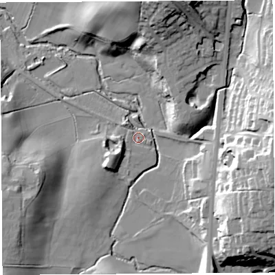 Shaded relief map of the ground around PR67EA, computed from Environment Agency LiDAR. The ground here sits at about 65 m above sea level and falls 39 m across the surrounding 800 m. Surface water reaching this point runs off ground lying to the south-west, 8.9 m higher.
