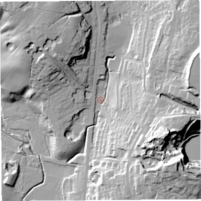 Shaded relief map of the ground around PR67HD, computed from Environment Agency LiDAR. The ground here sits at about 71 m above sea level and falls 56 m across the surrounding 800 m. Surface water reaching this point runs off ground lying to the east-south-east, 41.3 m higher.