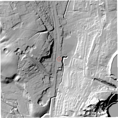 Shaded relief map of the ground around PR67HU, computed from Environment Agency LiDAR. The ground here sits at about 76 m above sea level and falls 52 m across the surrounding 800 m. Surface water reaching this point runs off ground lying to the north-west, 19.1 m higher.