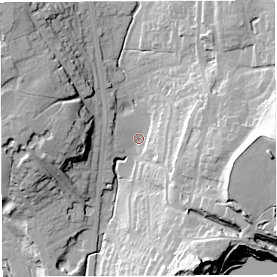 Shaded relief map of the ground around PR67HX, computed from Environment Agency LiDAR. The ground here sits at about 74 m above sea level and falls 57 m across the surrounding 800 m. Surface water reaching this point runs off ground lying to the east, 27.3 m higher.
