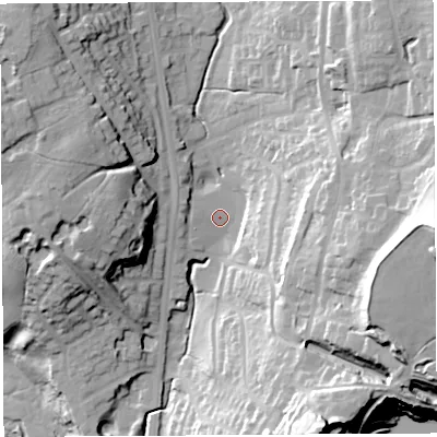 Shaded relief map of the ground around PR67HY, computed from Environment Agency LiDAR. The ground here sits at about 75 m above sea level and falls 55 m across the surrounding 800 m. Surface water reaching this point runs off ground lying to the west-north-west, 4.5 m higher.