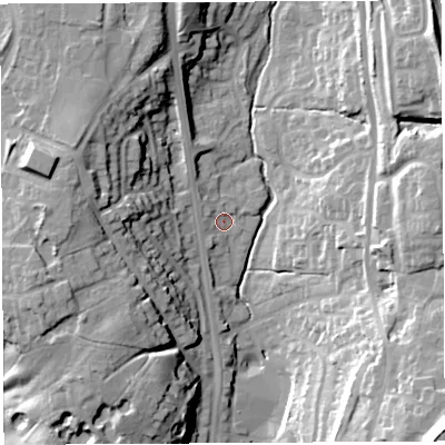 Shaded relief map of the ground around PR67JF, computed from Environment Agency LiDAR. The ground here sits at about 77 m above sea level and falls 37 m across the surrounding 800 m. Surface water reaching this point runs off ground lying to the north-west, 3.1 m higher.