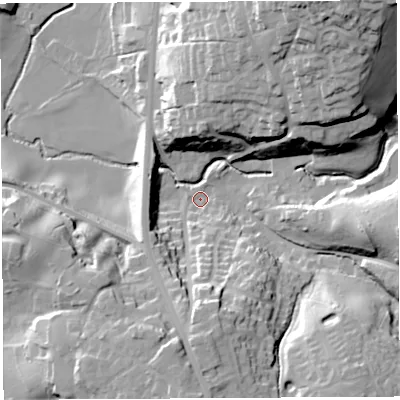 Shaded relief map of the ground around PR67LA, computed from Environment Agency LiDAR. The ground here sits at about 70 m above sea level and falls 46 m across the surrounding 800 m. Surface water reaching this point runs off ground lying to the south, 26.9 m higher.