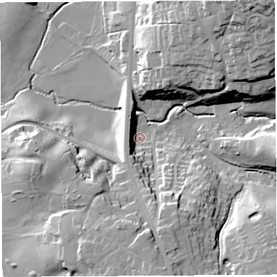 Shaded relief map of the ground around PR67LF, computed from Environment Agency LiDAR. The ground here sits at about 71 m above sea level and falls 45 m across the surrounding 800 m. Surface water reaching this point runs off ground lying to the south-south-west, 15.9 m higher.