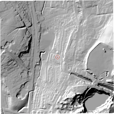 Shaded relief map of the ground around PR67LX, computed from Environment Agency LiDAR. The ground here sits at about 82 m above sea level and falls 64 m across the surrounding 800 m. Surface water reaching this point runs off ground lying to the east, 45.0 m higher.