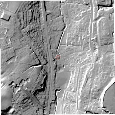 Shaded relief map of the ground around PR67NS, computed from Environment Agency LiDAR. The ground here sits at about 75 m above sea level and falls 47 m across the surrounding 800 m. Surface water reaching this point runs off ground lying to the east-south-east, 37.5 m higher.
