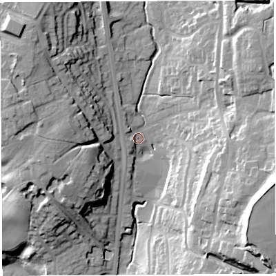 Shaded relief map of the ground around PR67NT, computed from Environment Agency LiDAR. The ground here sits at about 75 m above sea level and falls 49 m across the surrounding 800 m. Surface water reaching this point runs off ground lying to the east-south-east, 37.5 m higher.