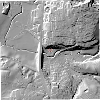 Shaded relief map of the ground around PR67NX, computed from Environment Agency LiDAR. The ground here sits at about 71 m above sea level and falls 53 m across the surrounding 800 m. Surface water reaching this point runs off ground lying to the north-north-east, 22.1 m higher.