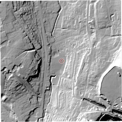 Shaded relief map of the ground around PR67QY, computed from Environment Agency LiDAR. The ground here sits at about 74 m above sea level and falls 57 m across the surrounding 800 m. Surface water reaching this point runs off ground lying to the east, 46.3 m higher.