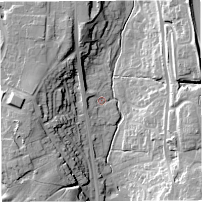 Shaded relief map of the ground around PR67RP, computed from Environment Agency LiDAR. The ground here sits at about 77 m above sea level and falls 29 m across the surrounding 800 m. Surface water reaching this point runs off ground lying to the west-north-west, 5.5 m higher.