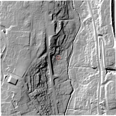 Shaded relief map of the ground around PR67RU, computed from Environment Agency LiDAR. The ground here sits at about 78 m above sea level and falls 28 m across the surrounding 800 m. Surface water reaching this point runs off ground lying to the west-north-west, 17.6 m higher.