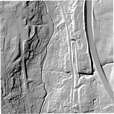 Shaded relief map of the ground around PR67RW, computed from Environment Agency LiDAR. The ground here sits at about 79 m above sea level and falls 32 m across the surrounding 800 m. Surface water reaching this point runs off ground lying to the east, 17.4 m higher.