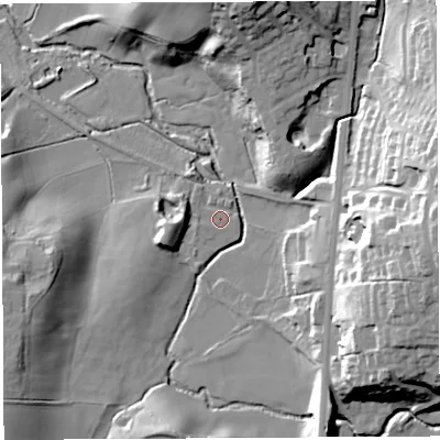 Shaded relief map of the ground around PR67YB, computed from Environment Agency LiDAR. The ground here sits at about 65 m above sea level and falls 40 m across the surrounding 800 m. Surface water reaching this point runs off ground lying to the west-south-west, 8.3 m higher.