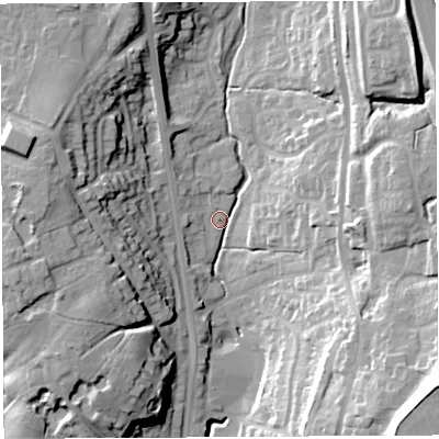 Shaded relief map of the ground around PR67YF, computed from Environment Agency LiDAR. The ground here sits at about 76 m above sea level and falls 41 m across the surrounding 800 m. Surface water reaching this point runs off ground lying to the north-east, 27.8 m higher.