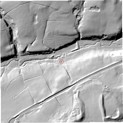 Shaded relief map of the ground around PR68LT, computed from Environment Agency LiDAR. The ground here sits at about 90 m above sea level and falls 50 m across the surrounding 800 m. Surface water reaching this point runs off ground lying to the south-east, 23.1 m higher.