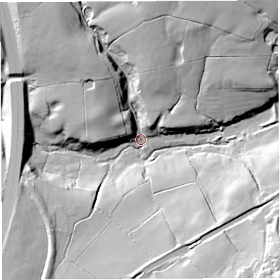 Shaded relief map of the ground around PR68LX, computed from Environment Agency LiDAR. The ground here sits at about 84 m above sea level and falls 51 m across the surrounding 800 m. Surface water reaching this point runs off ground lying to the north, 37.7 m higher.