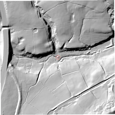 Shaded relief map of the ground around PR68LY, computed from Environment Agency LiDAR. The ground here sits at about 84 m above sea level and falls 52 m across the surrounding 800 m. Surface water reaching this point runs off ground lying to the south-west, 18.1 m higher.