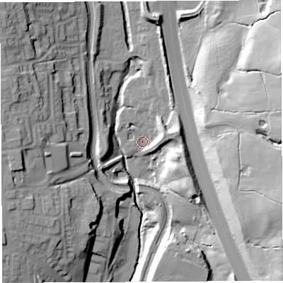 Shaded relief map of the ground around PR69AD, computed from Environment Agency LiDAR. The ground here sits at about 86 m above sea level and falls 41 m across the surrounding 800 m. Surface water reaching this point runs off ground lying to the east-north-east, 10.5 m higher.