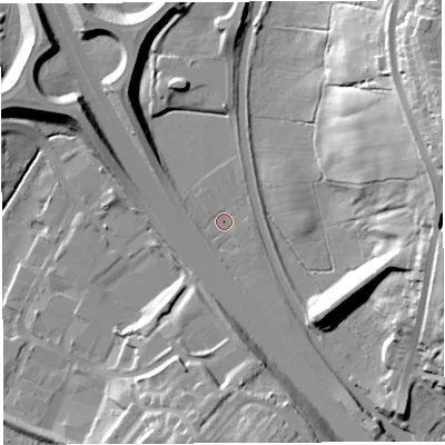 Shaded relief map of the ground around PR69AF, computed from Environment Agency LiDAR. The ground here sits at about 90 m above sea level and falls 36 m across the surrounding 800 m. Surface water reaching this point runs off ground lying to the south, 16.4 m higher.