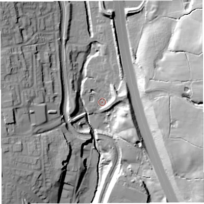 Shaded relief map of the ground around PR69AN, computed from Environment Agency LiDAR. The ground here sits at about 86 m above sea level and falls 41 m across the surrounding 800 m. Surface water reaching this point runs off ground lying to the east-north-east, 10.5 m higher.