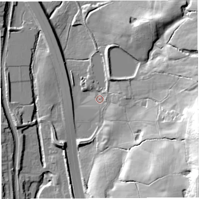 Shaded relief map of the ground around PR69AR, computed from Environment Agency LiDAR. The ground here sits at about 93 m above sea level and falls 59 m across the surrounding 800 m. Surface water reaching this point runs off ground lying to the east, 28.7 m higher.