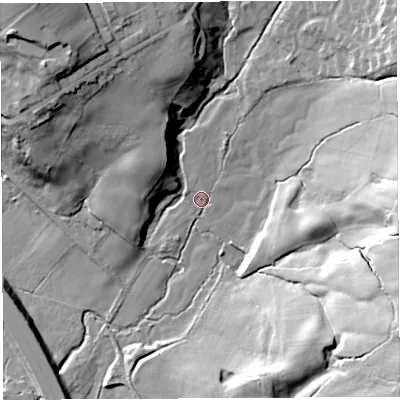 Shaded relief map of the ground around PR69AS, computed from Environment Agency LiDAR. The ground here sits at about 95 m above sea level and falls 40 m across the surrounding 800 m. Surface water reaching this point runs off ground lying to the north-north-east, 4.8 m higher.