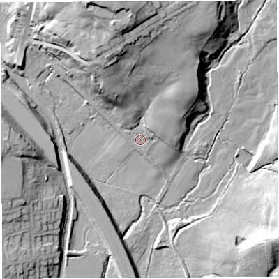 Shaded relief map of the ground around PR69AT, computed from Environment Agency LiDAR. The ground here sits at about 95 m above sea level and falls 34 m across the surrounding 800 m. Surface water reaching this point runs off ground lying to the north-east, 7.2 m higher.