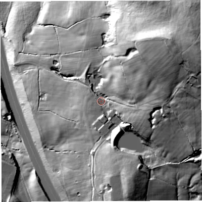Shaded relief map of the ground around PR69AW, computed from Environment Agency LiDAR. The ground here sits at about 127 m above sea level and falls 94 m across the surrounding 800 m. Surface water reaching this point runs off ground lying to the east-north-east, 53.8 m higher.