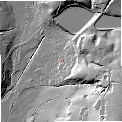 Shaded relief map of the ground around PR69BA, computed from Environment Agency LiDAR. The ground here sits at about 108 m above sea level and falls 62 m across the surrounding 800 m. Surface water reaching this point runs off ground lying to the east-south-east, 25.6 m higher.